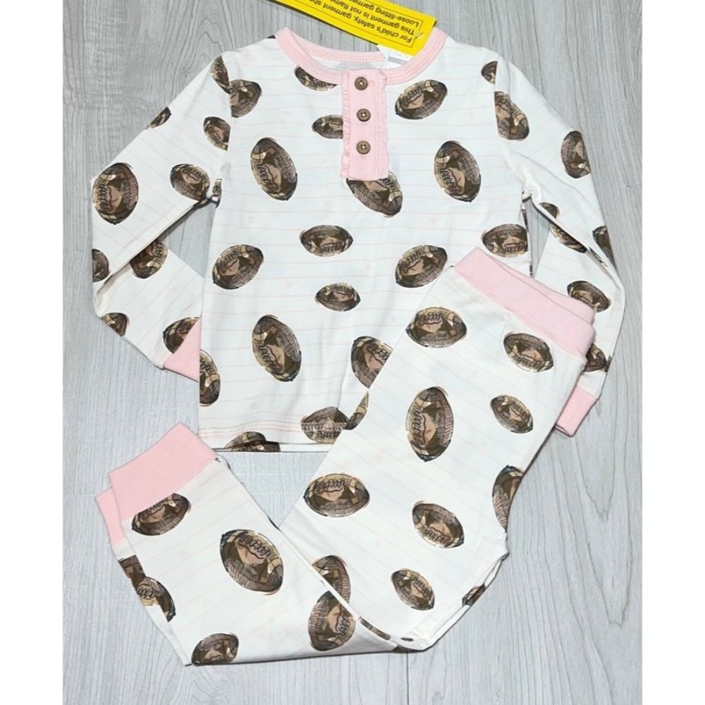 Mud Pie PINK FOOTBALL TODDLER PAJAMA PJ set 5T girls fall 2pc set ruffles sports